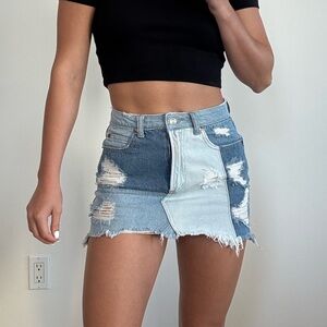 Distressed Patched Denim Skirt
